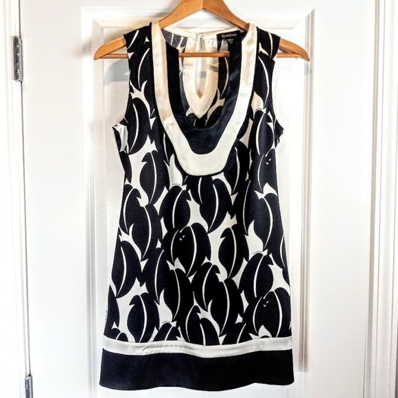 Bebe Black White Print Silk Sleeveless Tunic Mini Dress Top - Picture 1 of 6